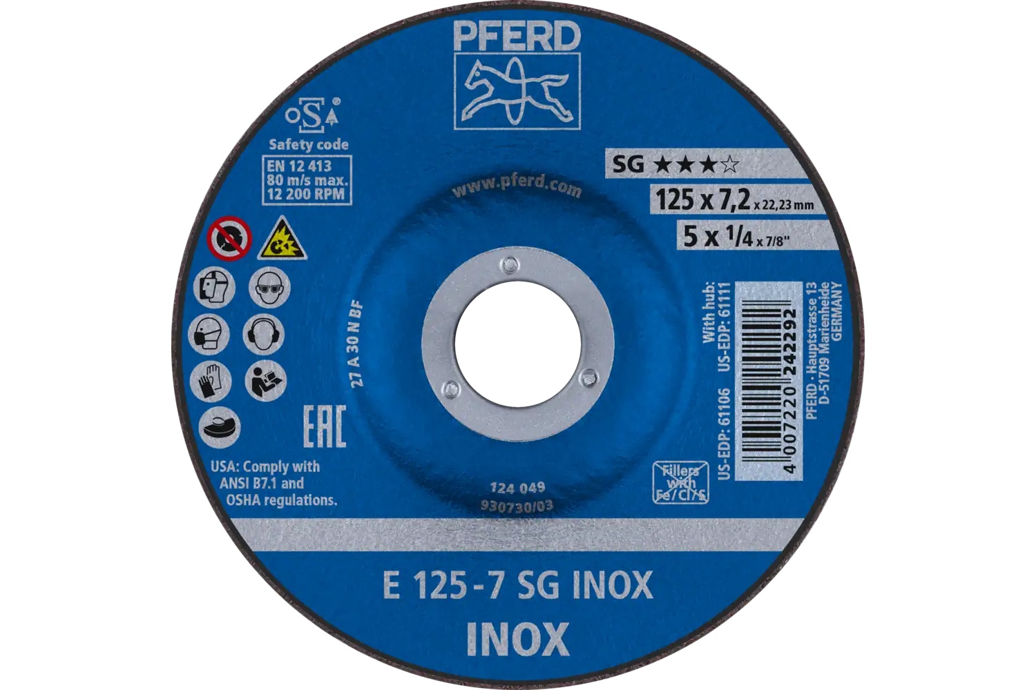 Picture of Pferd Grinding Wheel, 5" X 1/4 X 7/8, Sg Inox, T27, Aluminum Oxide